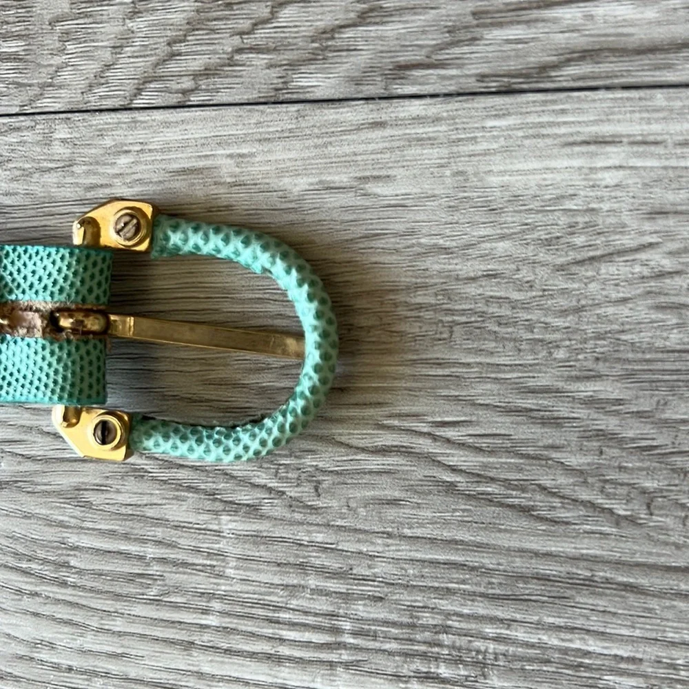 VTG 80s Genuine Reptile Skin Belt Emerald Aqua Green Brass Buckle Canada Size M